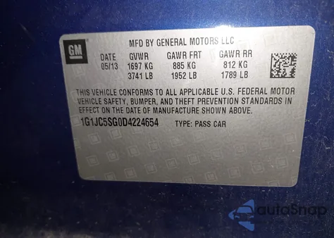 2013 Chevrolet Sonic Lt Auto из США, поврежденный, VIN 1G1JC5SG0D4224654